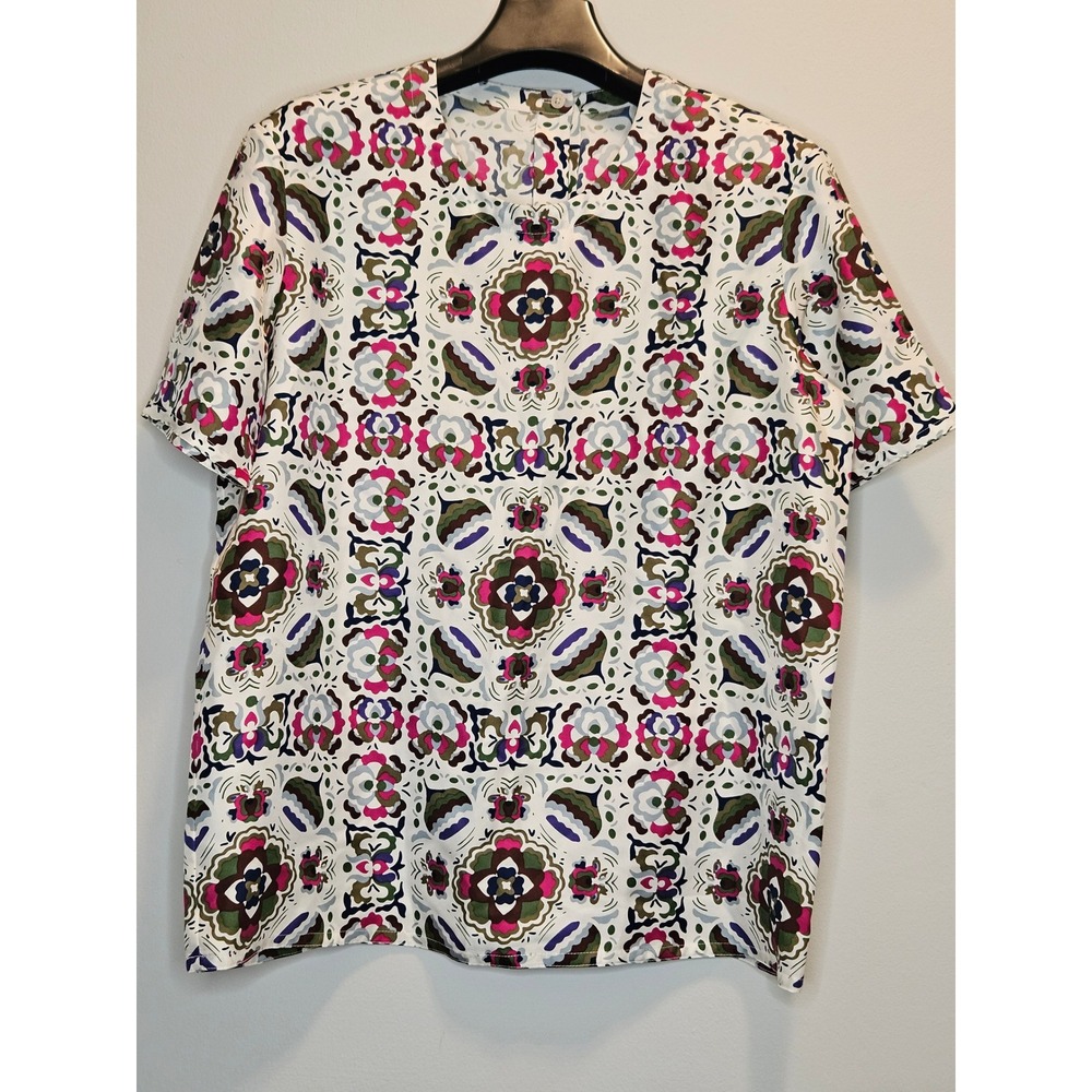 100% Mulberry Silk Multi-Color Geometric Floral Short Sleeve Blouse Top
